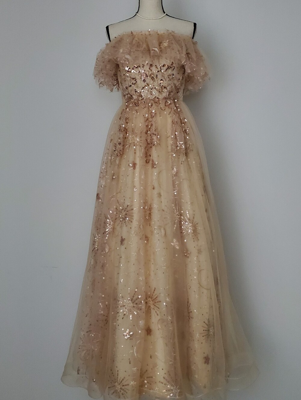 Ethereal Rose Gold Champagne Sequin Off-Shoulder Ruffle Tulle Ball Gown Size 2